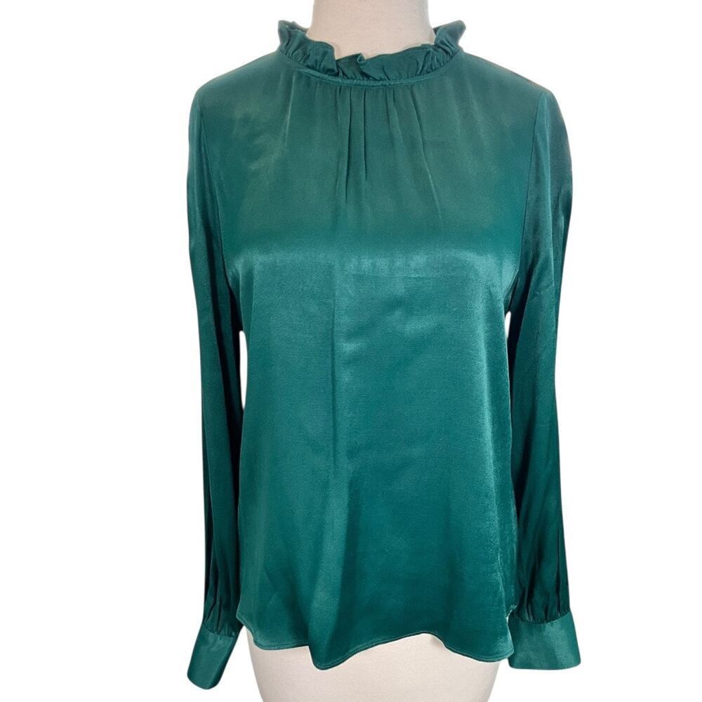 Rachel Parcell Satin Green High Neck Blouse Size S | Ruffle Trim Long Sleeve